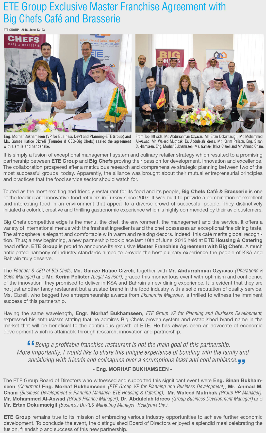 ETE Group Exclusive Master Franchise Agreement with Big Chefs Cafe & Brasserie