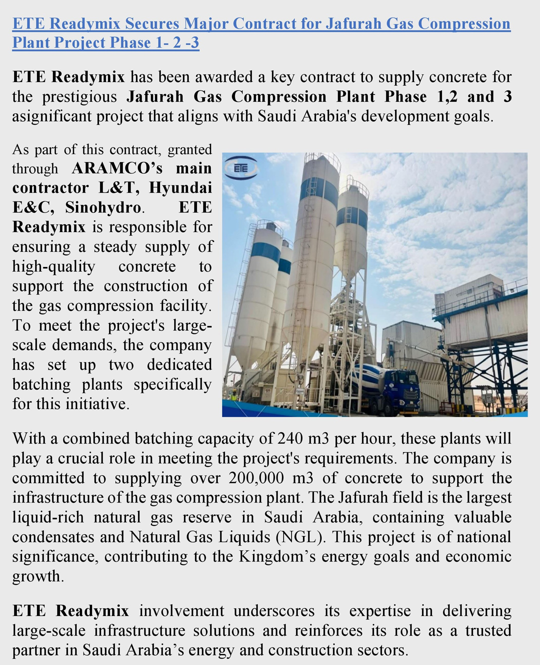 ETE Readymix Secures Major Contract for Jafurah Gas Compression Plant Project Phase 1- 2 -3