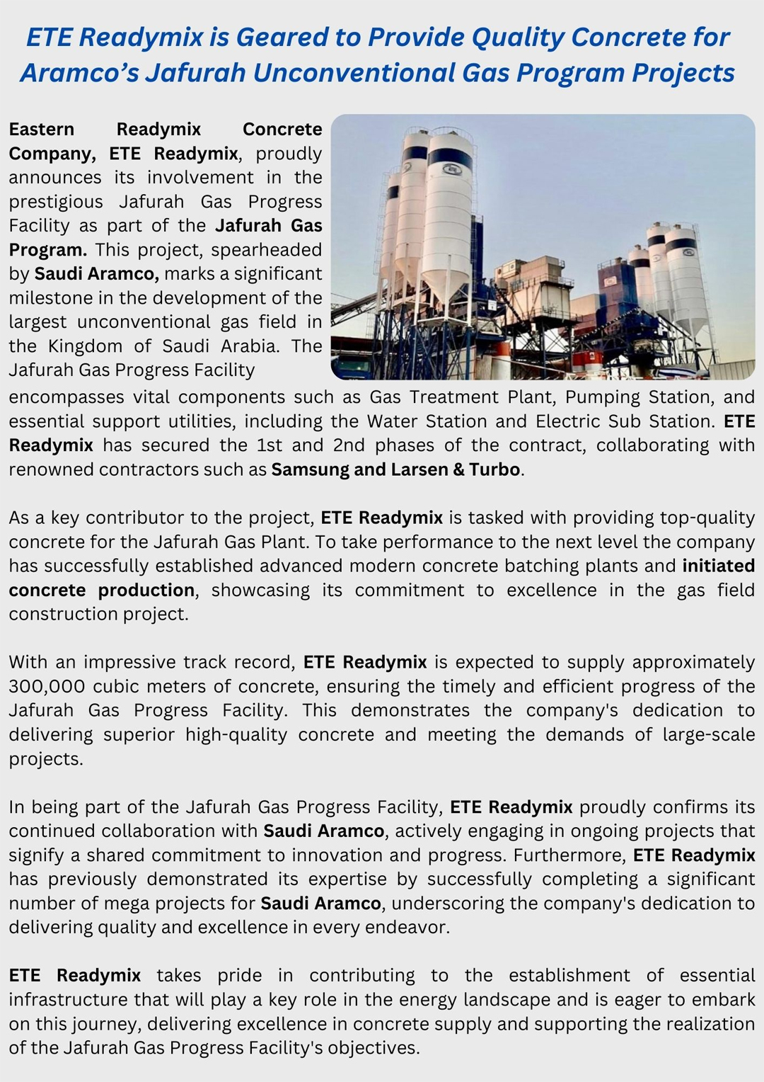 ETE Readymix is Geared to Provide Quality Concrete for Aramco’s Jafurah Unconventional Gas Program Projects