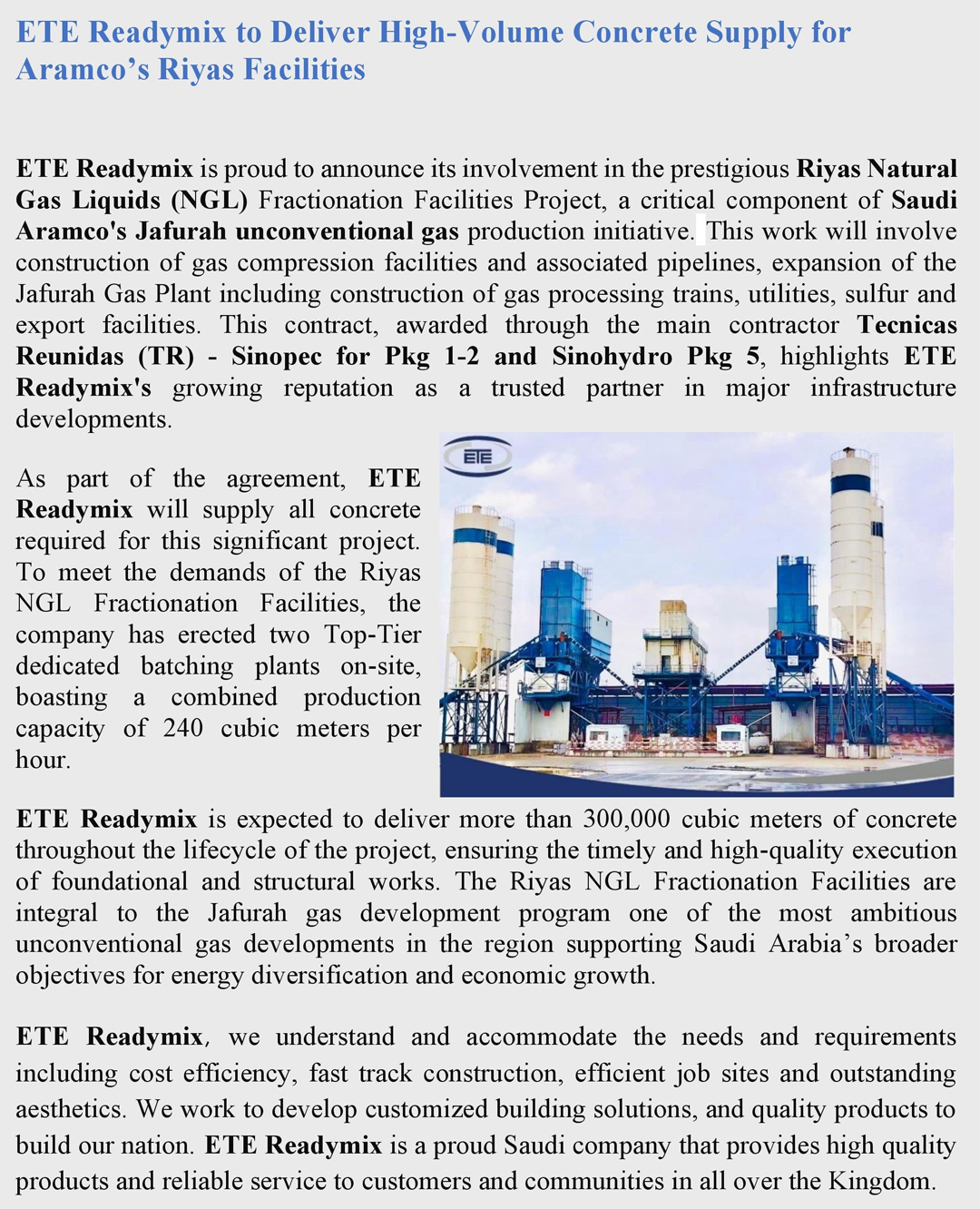 ETE Readymix to Deliver High-Volume Concrete Supply for Aramco’s Riyas Facilities