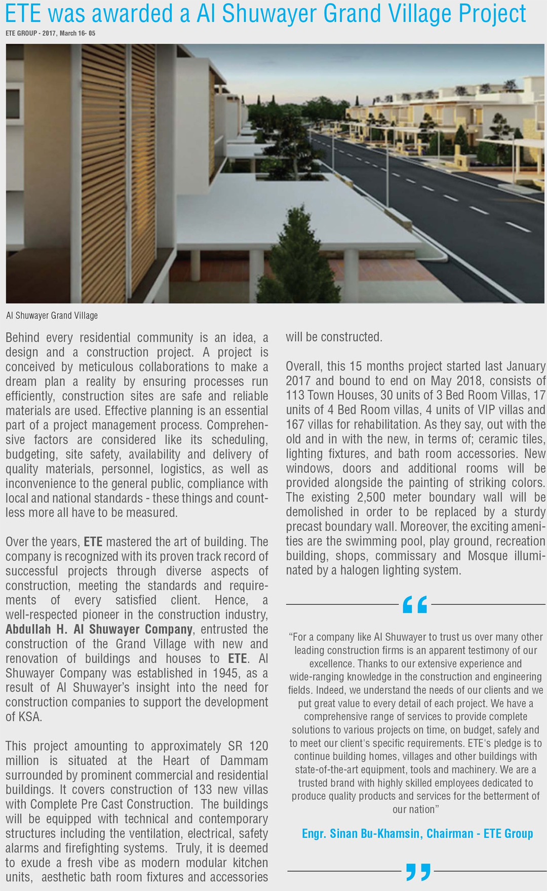 ETE was awarded a Al Shuwayer Grand Village Project